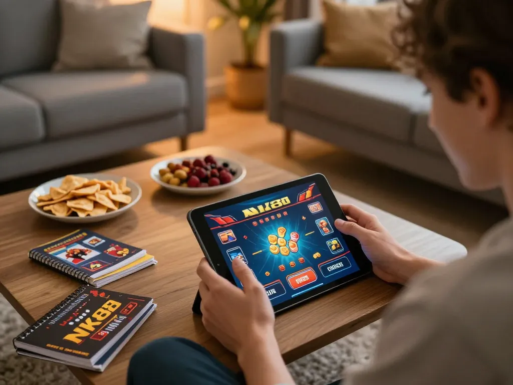 Engaging player enjoying NK88 casino games on tablet in a cozy living room.
