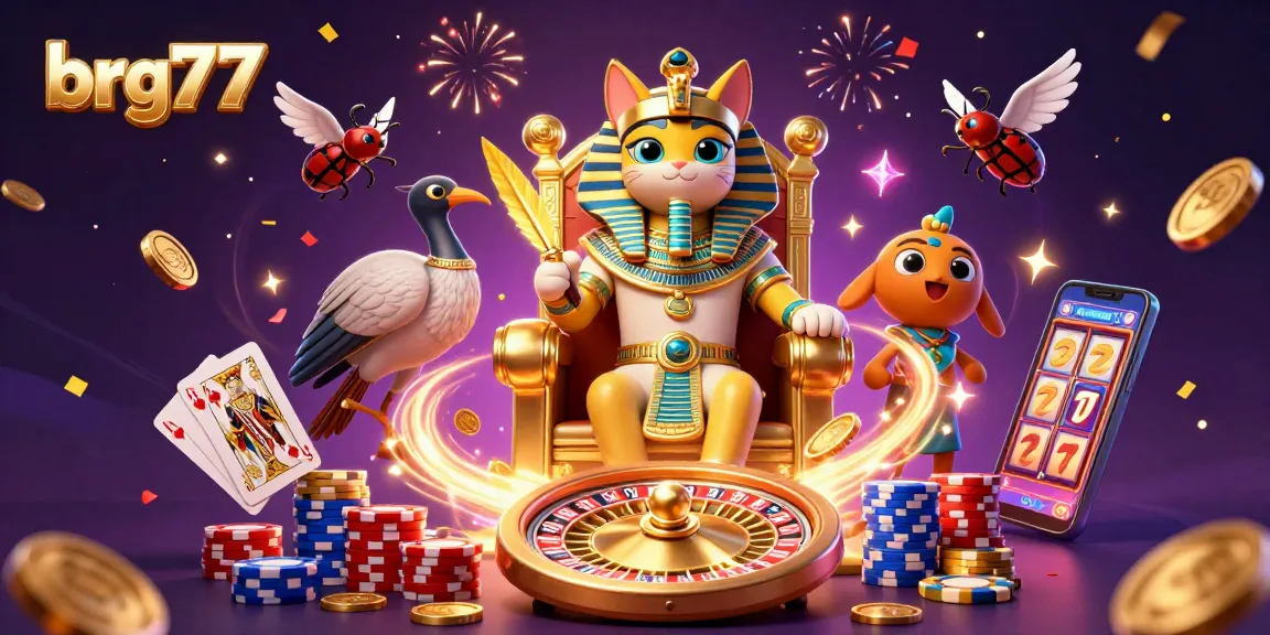 Engage with brg77's thrilling casino atmosphere featuring a cartoon pharaoh cat, coins, and gaming elements.