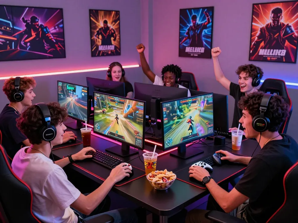 Friends engaging in competitive gameplay on Meledak88, showcasing excitement and interactive gaming energy.