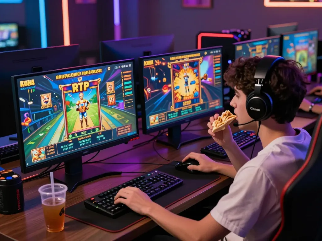 KDSlot user engaged in online gaming at a modern setup with vibrant slot games.