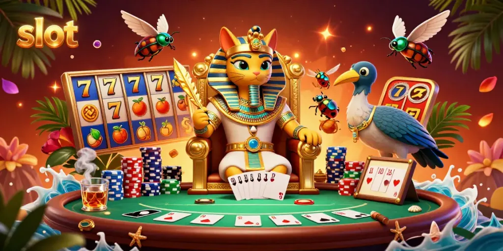 Spin the slot with vibrant graphics of lucky symbols and a royal pharaoh cat in a casino-themed scene.