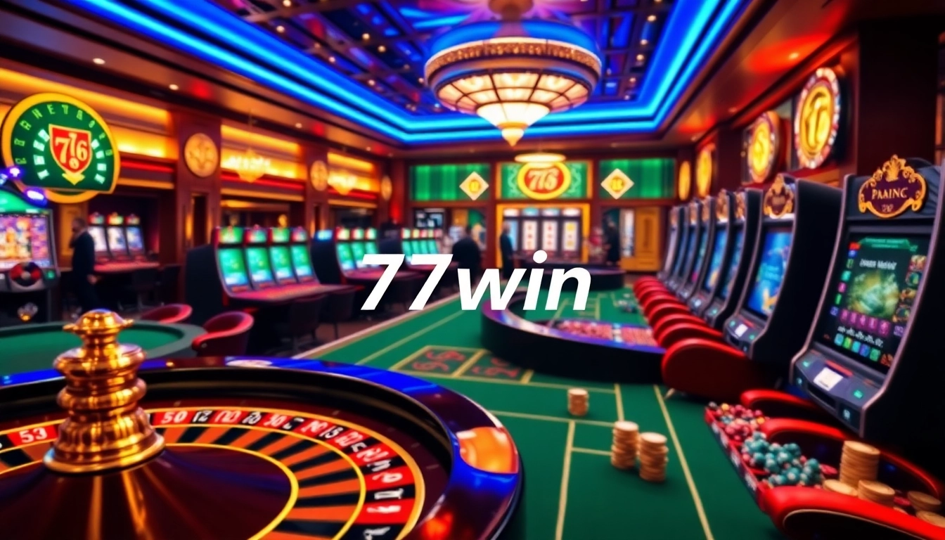 Experience exhilarating online gaming action at 77win, where vibrant casino tables and dynamic players showcase thrilling gambling moments.