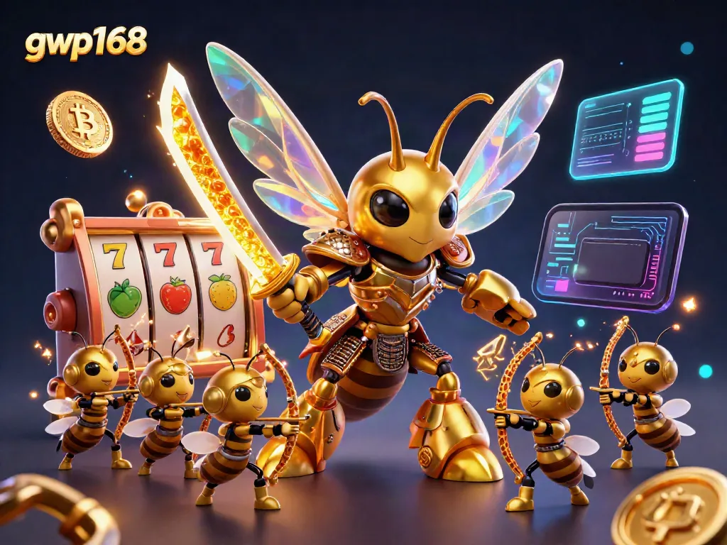 GWP168 menampilkan hornet emas raksasa dengan kostum samurai dalam konsep kasino yang kaya dan berwarna.
