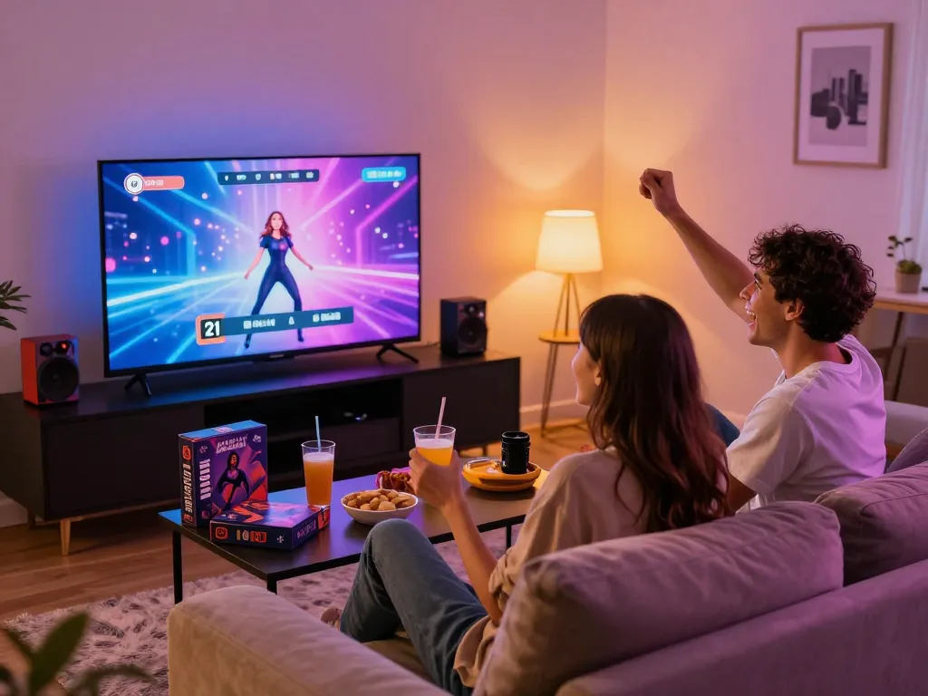 Couple enjoying interactive sex games in a cozy adult gaming room with snacks and mood lighting