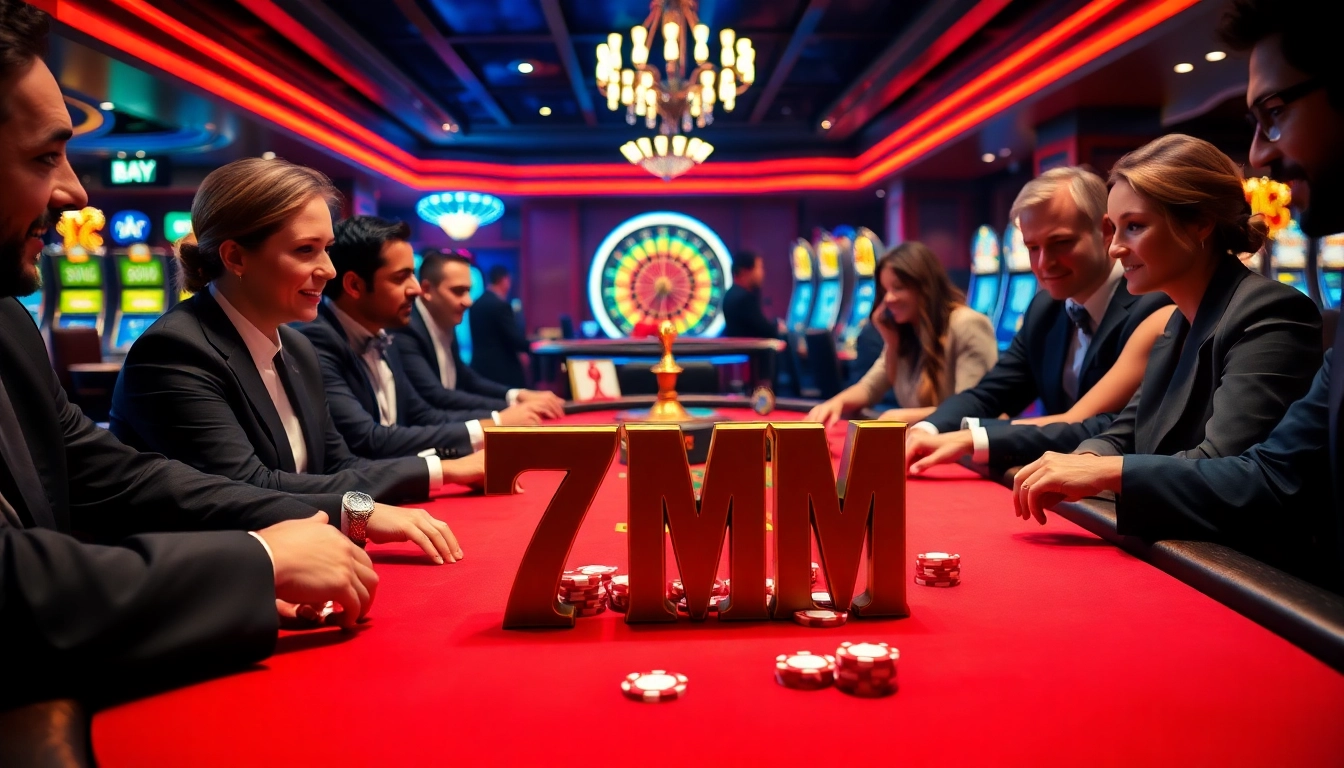 Players engaged in a poker game with vibrant chips labeled 7M, showcasing excitement in a luxury casino.