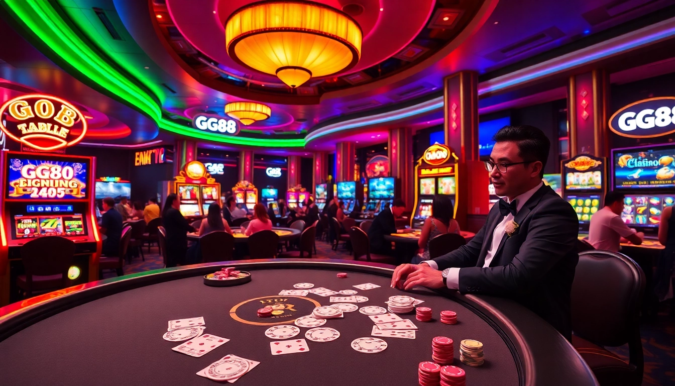 Experience the thrill of GG88 at an exciting casino scene with vibrant slot machines and poker games.