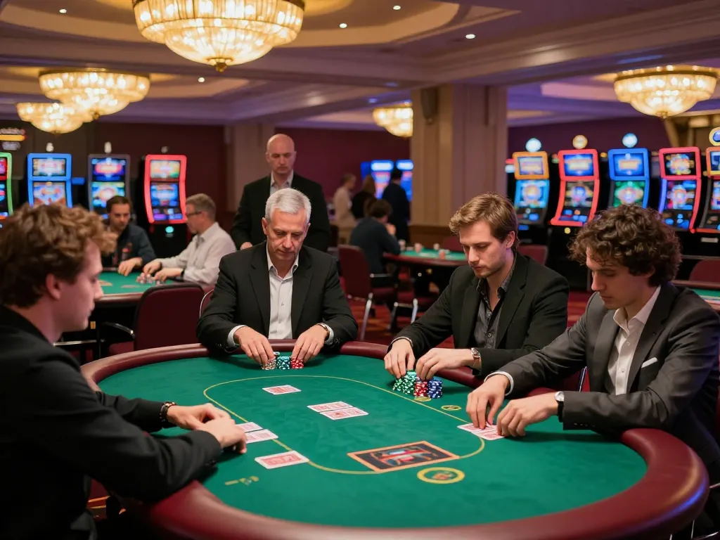 Engaging scene of players at KUWIN poker tables, experiencing high-stakes gameplay.