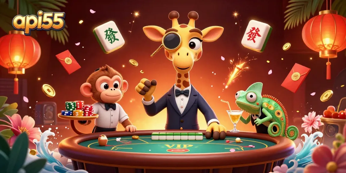 Engage with api55's vibrant gaming atmosphere featuring a high-roller giraffe at a poker table.