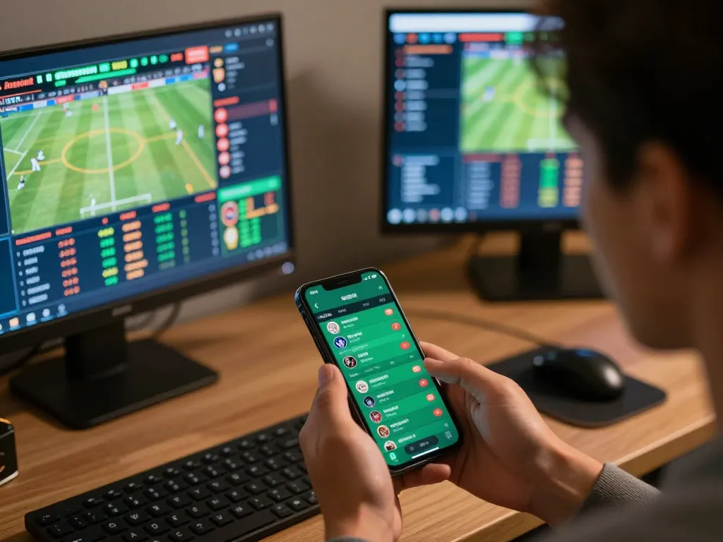 Engaging scene of a user betting on cm88 mobile platform with live sports updates.