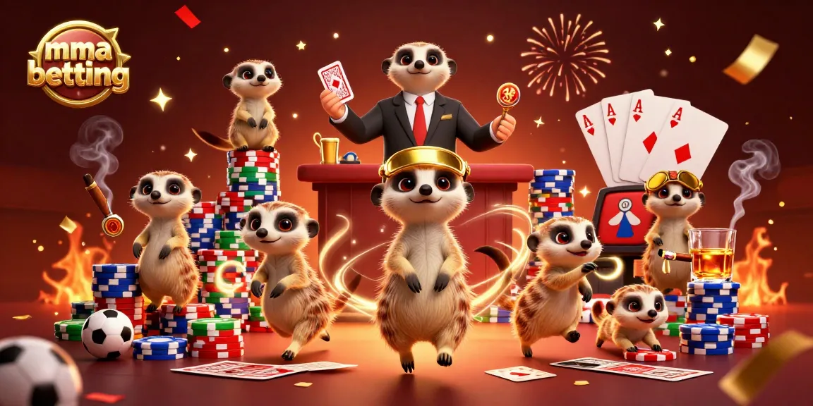 MMA betting scene with meerkats managing a casino filled with sports elements, betting slips, and vibrant energy
