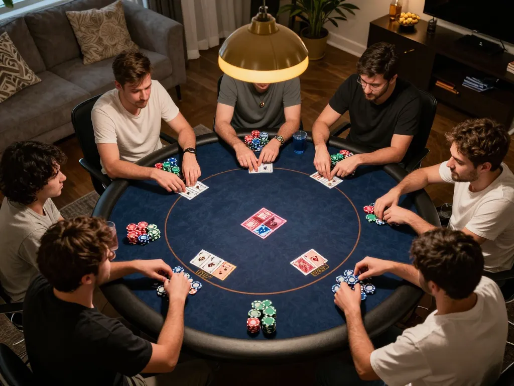 Playing poker online at home with friends, megaplus88 chip stacks highlighting excitement