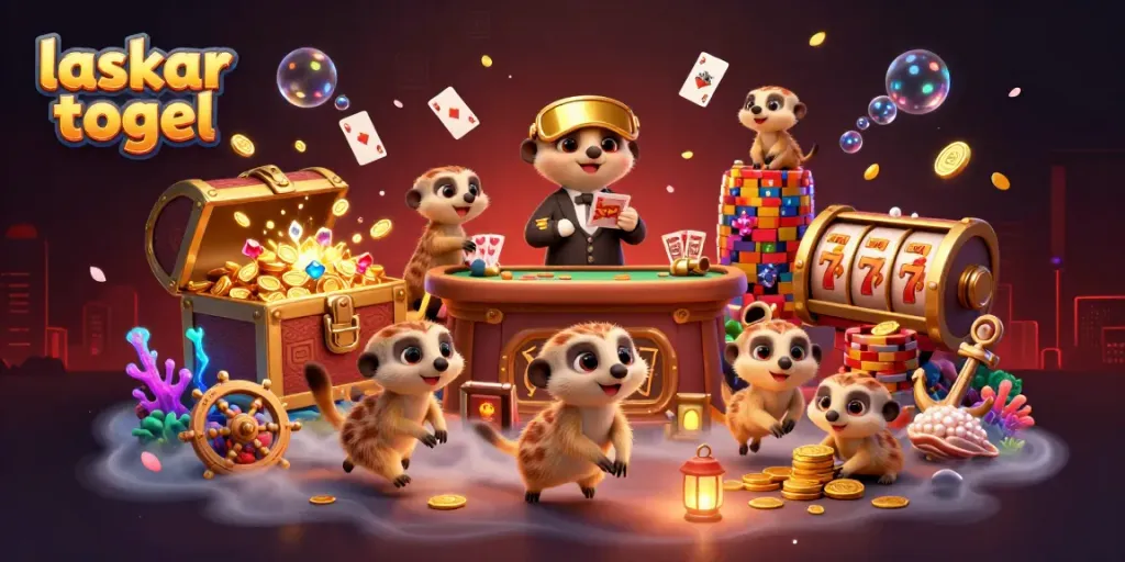 Laskar togel-themed cartoon meerkats operating a vibrant casino with colorful gems and games.