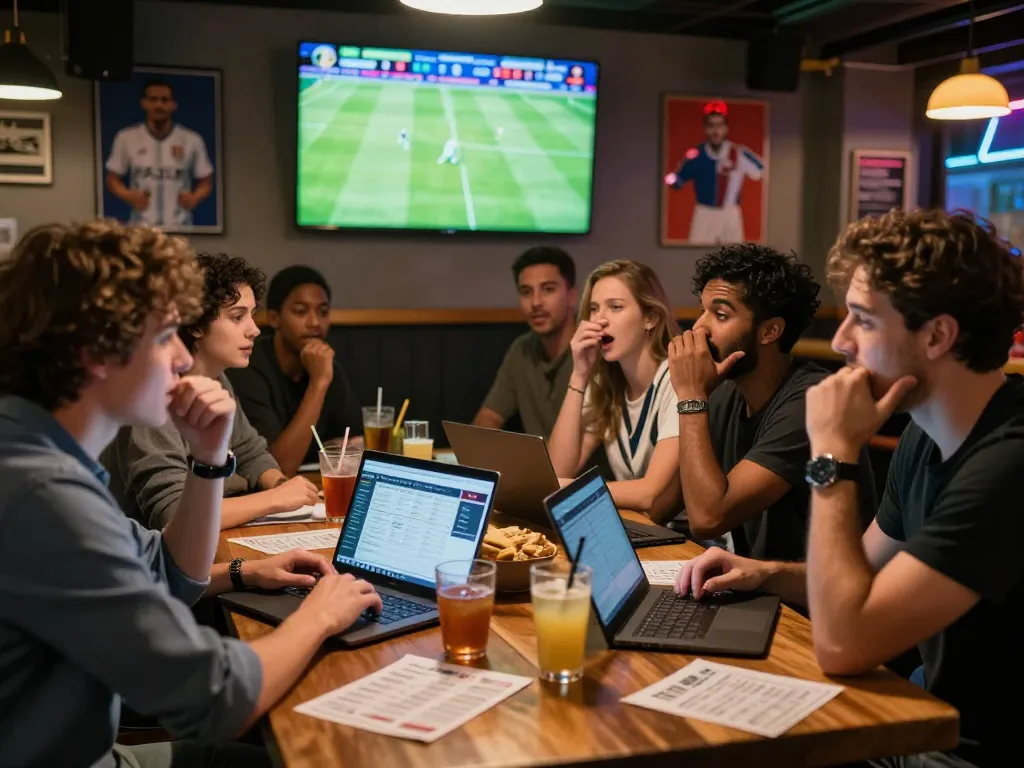 Dynamic scene of friends analyzing soi kèo bóng đá hôm nay và ngày mai at a sports bar