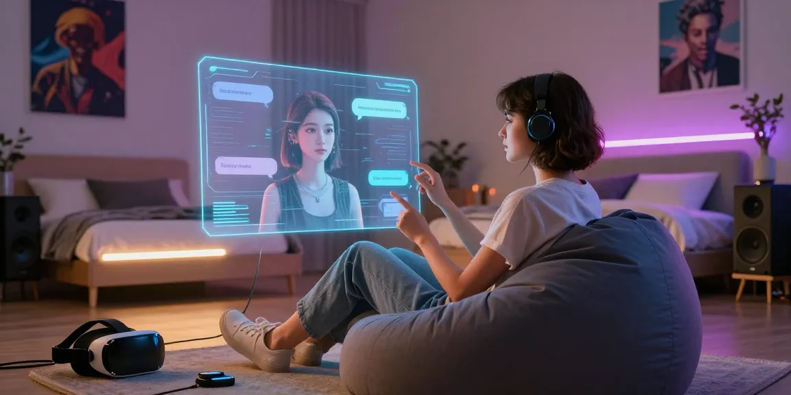 User interacting with an nsfw ai chatbot in a high-tech setting with ambient lighting and digital avatars.