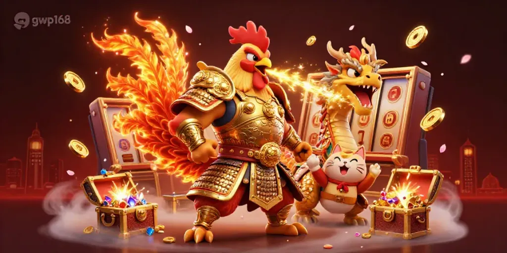 Gwp168 Slot permainan: Petarungan ayam dan naga di dunia kasino yang penuh koin emas.