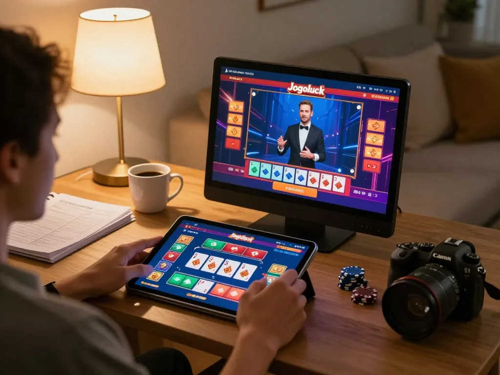 Engaged player enjoying online gambling on Jogoluck app from a cozy home setting, showcasing strategy notes and vibrant game interface