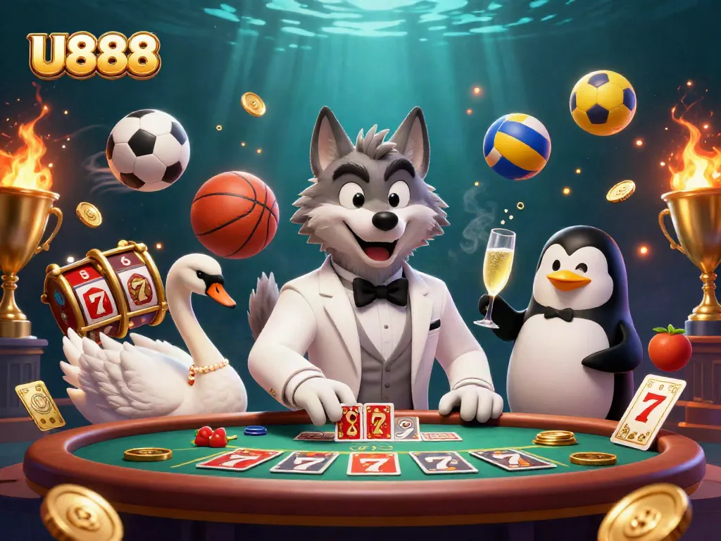 Engage with U888 at a vibrant casino scene featuring a debonair wolf, an elegant swan dealing cards, and a refined penguin sommelier.