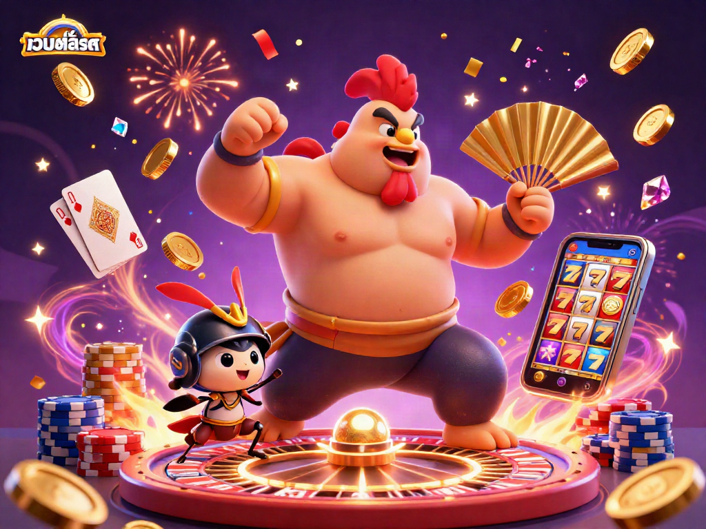 Experience the thrill of เว็บสล็อต with a powerful sumo rooster and dynamic casino elements.