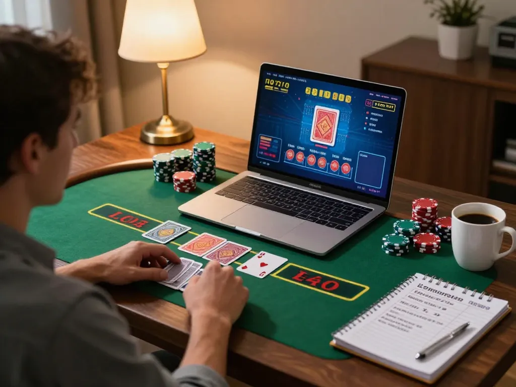 Player enjoying GEM88 live dealer blackjack game at home, showcasing strategic gaming setup with notes.