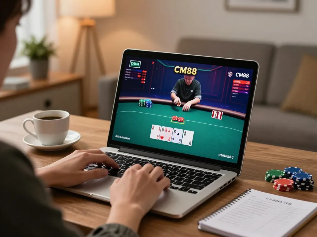 Engaging poker action on CM88 during a cozy home gaming session with a laptop.