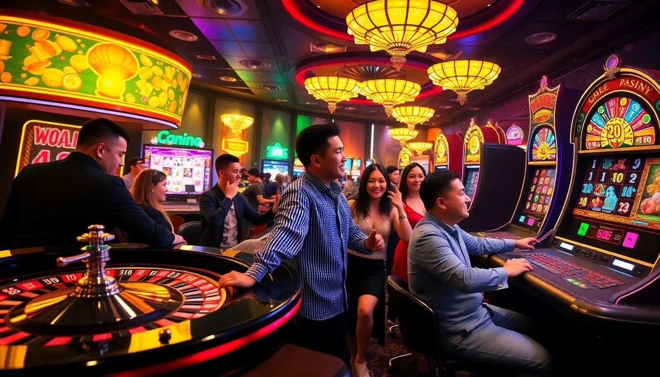 V9bet casino scene with players enjoying thrilling games and celebrating wins.