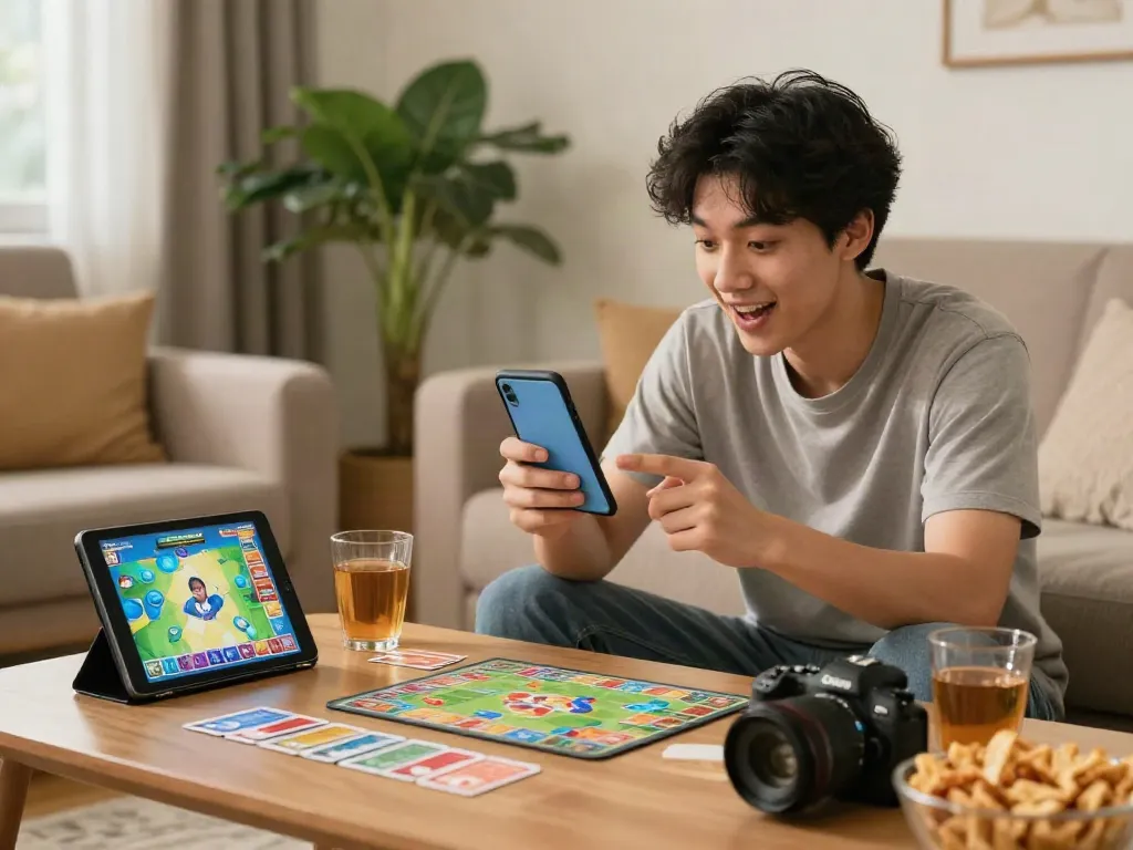 Player enjoying Rumble Rummy on a smartphone in a cozy living room setting.