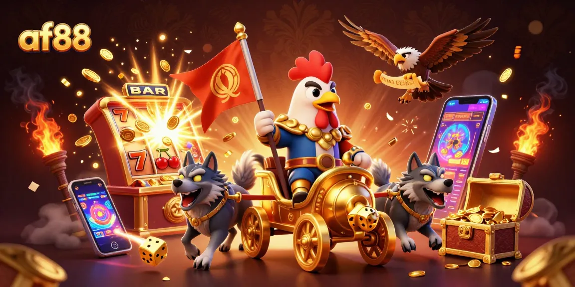 Engage in thrilling gaming at af88 with a rooster warlord leading a jackpot adventure through festive lights and gold.