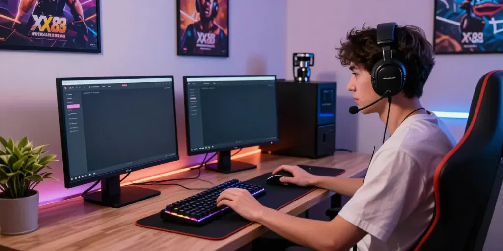 Player immersed in XX88 online betting experience at modern gaming desk.