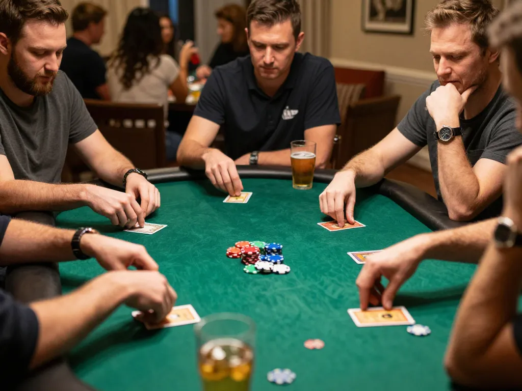 Players strategizing their hands at an open88 poker game night, emphasizing competitive spirit and social engagement