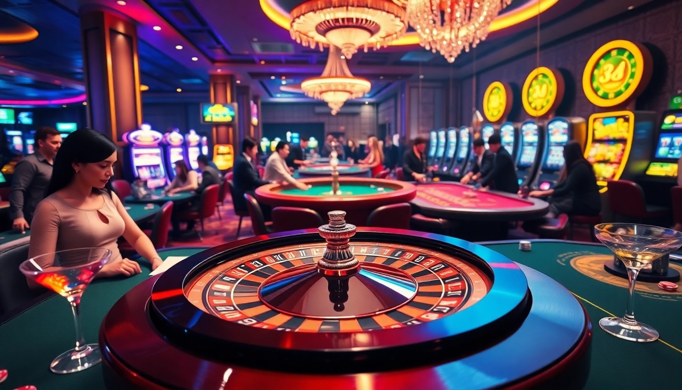 Experience the excitement of 33win68 with players enjoying various casino games in a luxurious setting.