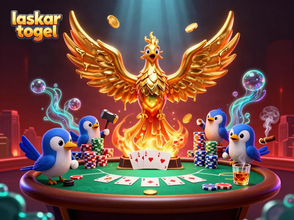 Experience the excitement of laskar togel with a molten gold phoenix and vibrant poker elements in this dynamic casino scene.