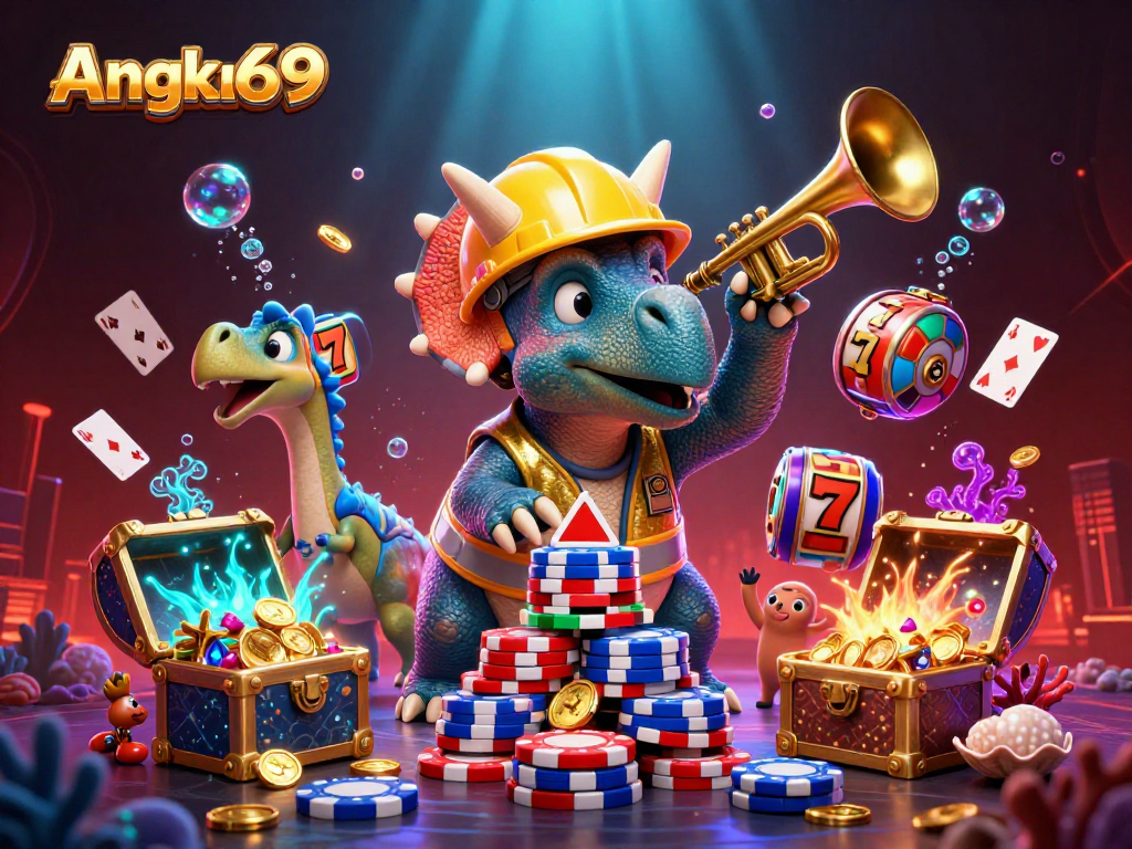 Angka69 engages players in an immersive experience with vibrant slots, poker chips, and celebrating dinosaurs.
