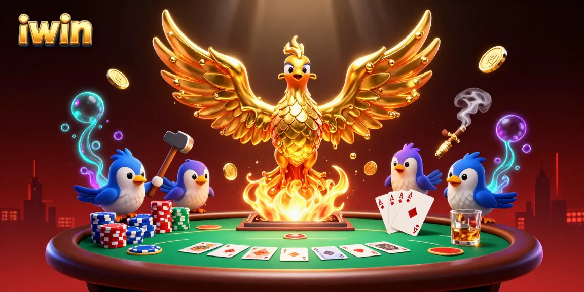 iwin phoenix transforms molten gold into coins, surrounded by poker elements and casino glamour.