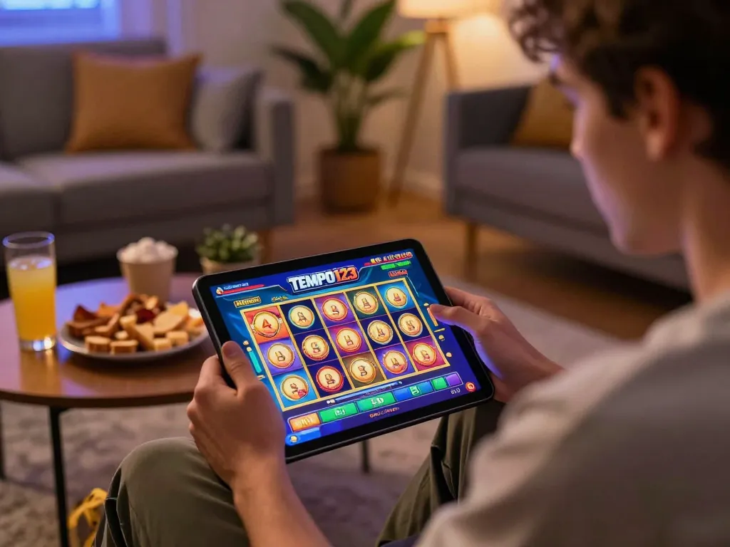 Mainkan Slot Tempo123 di tablet di ruang yang nyaman, menyoroti pengalaman bermain game online yang menarik.