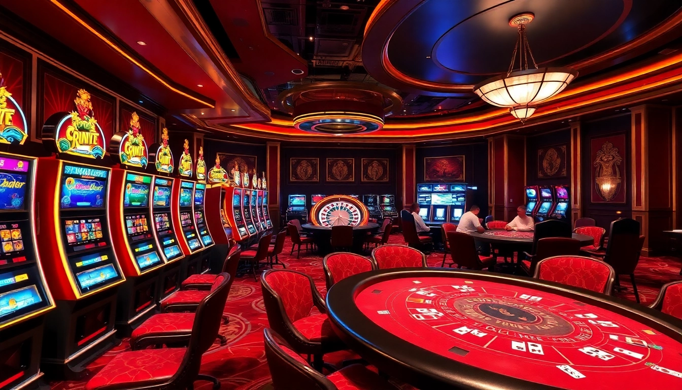 Experience the thrill of mint88 gaming at a luxurious casino with vibrant slot machines and poker tables.