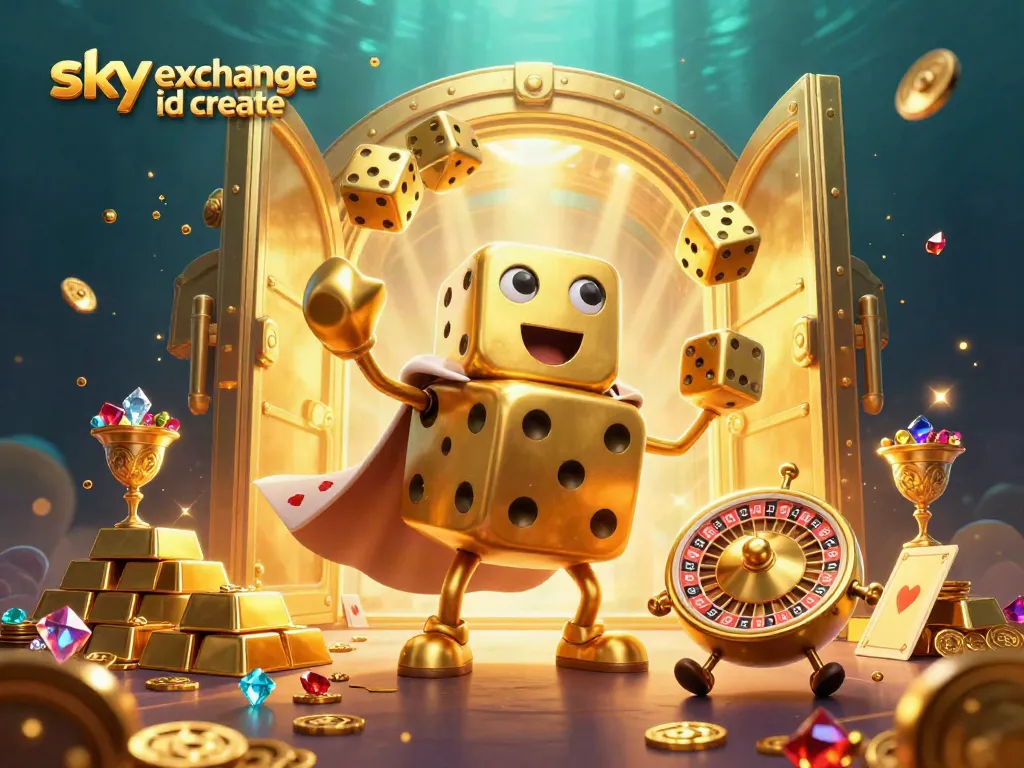 Engage with the dynamic world of Sky Exchange ID create, featuring playful golden dice and jewels.