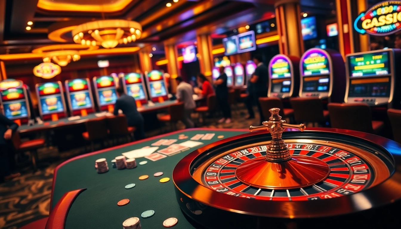 Experience the excitement at EE88 with players engaging at a luxurious casino table featuring roulette, poker chips, and vibrant lighting.