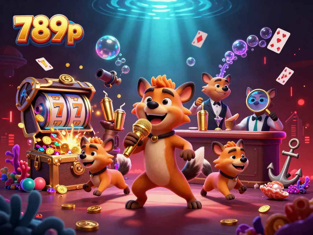 Experience the thrill of 789p at a lively casino with humorous hyena characters amid vibrant gaming elements.