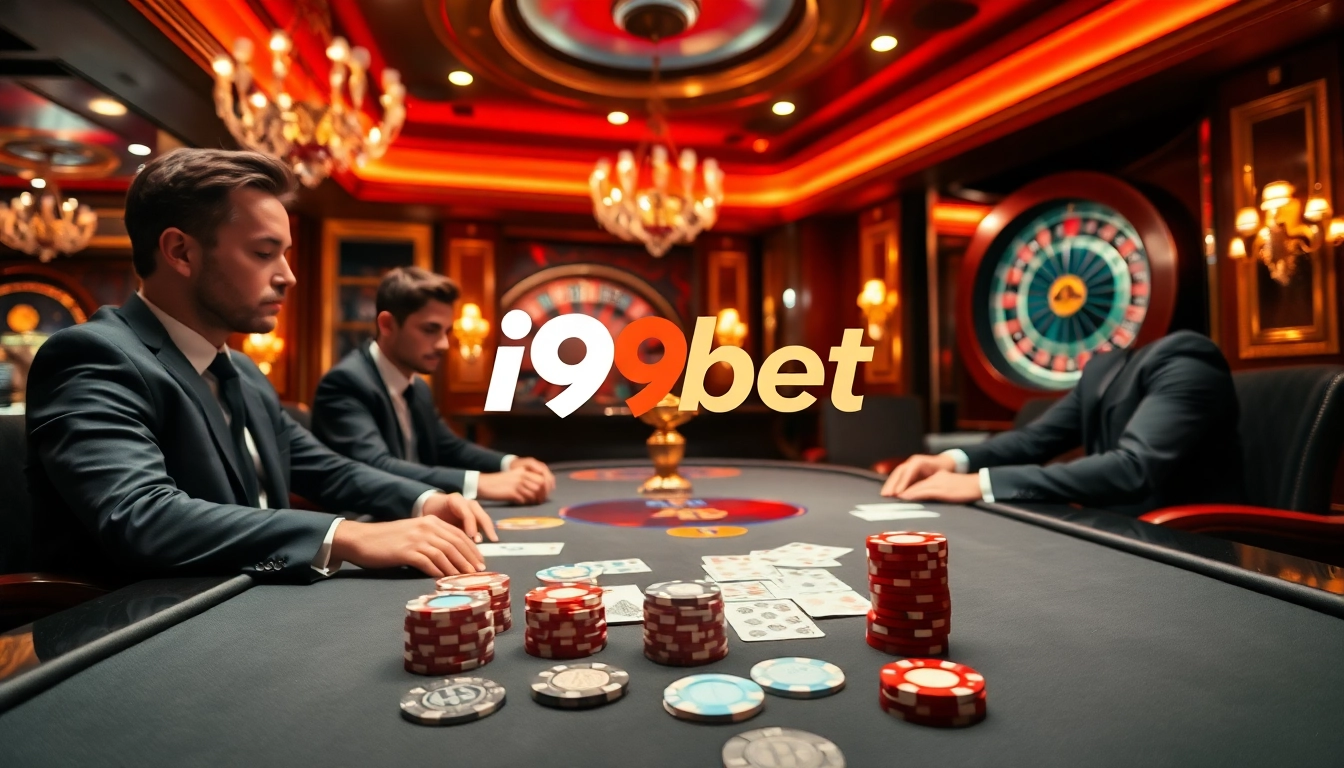 High-stakes poker game at i9bet's luxurious casino, featuring poker chips and cards.
