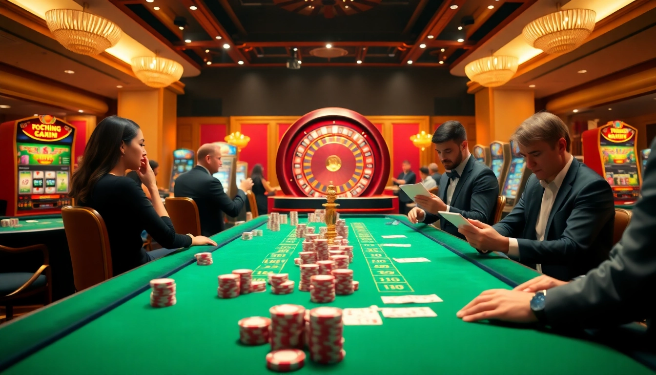Betting excitement at https://9keonhacai.com/ with colorful casino tables and engaging gamblers.