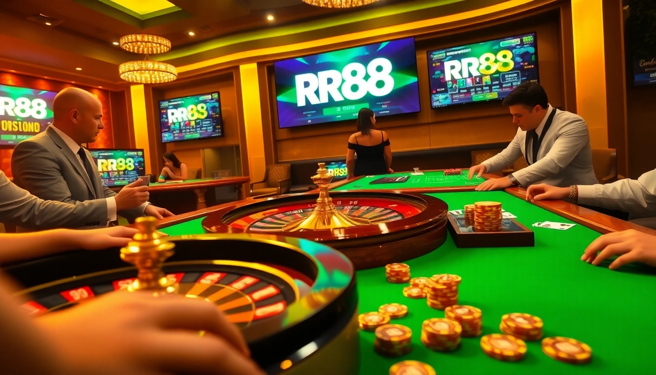 RR88 logo shines on gaming table with players betting in a lively casino environment.