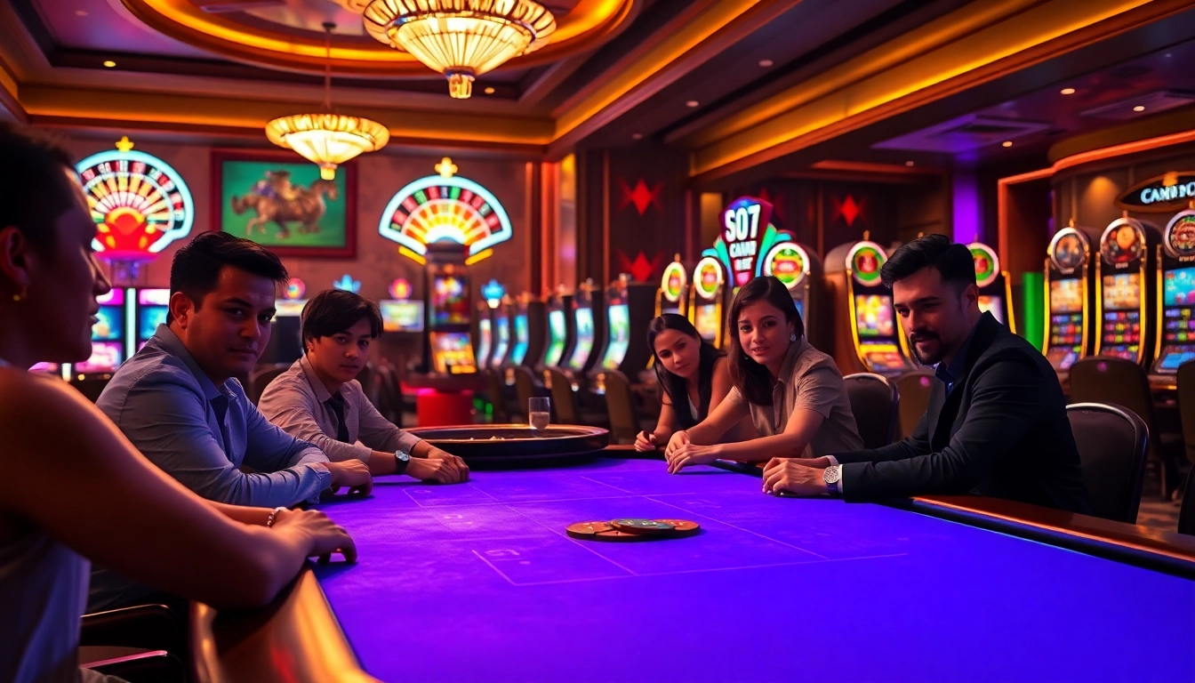 Experience the thrill of SODO-style gambling at a luxurious poker table with vibrant roulette wheels and animated slot machines.