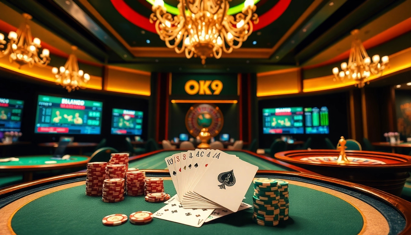 A dealer presenting the Đăng Nhập OK9 interface at a lively casino table with vibrant poker chips.