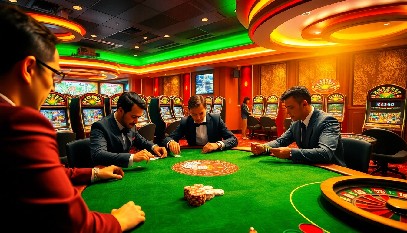 Intense poker action at KO66 casino with vibrant tables and players in elegant attire.