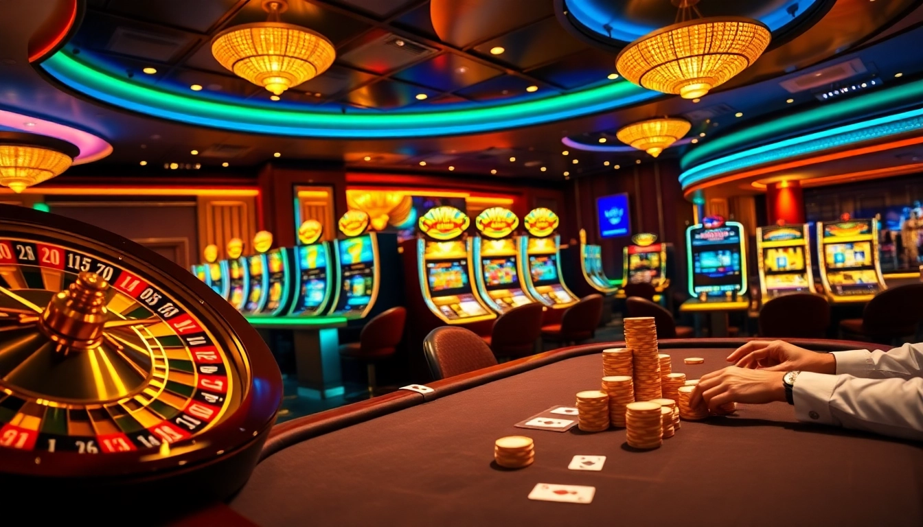 Experience the excitement of sunwin at a vibrant casino table with poker players and a roulette wheel.