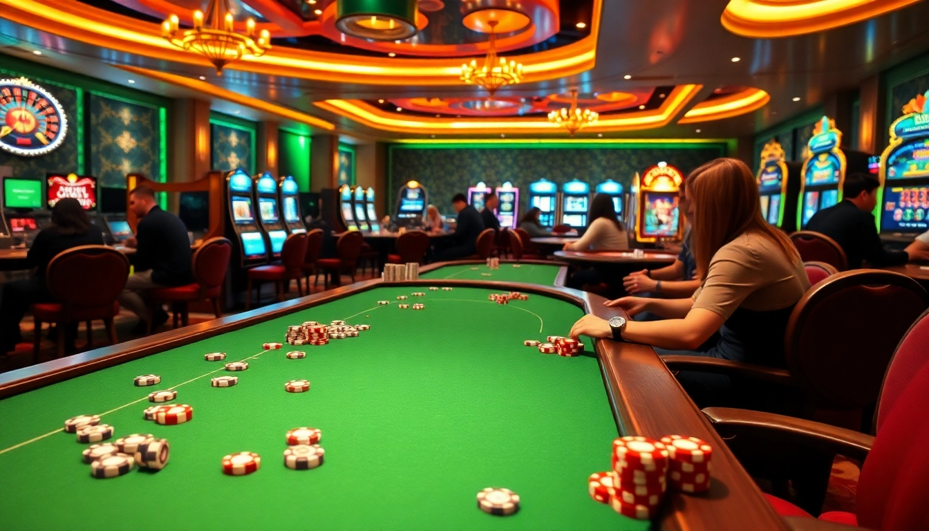 Players enjoying the excitement of the xn88 app at a luxurious casino with vibrant tables and lively gaming.