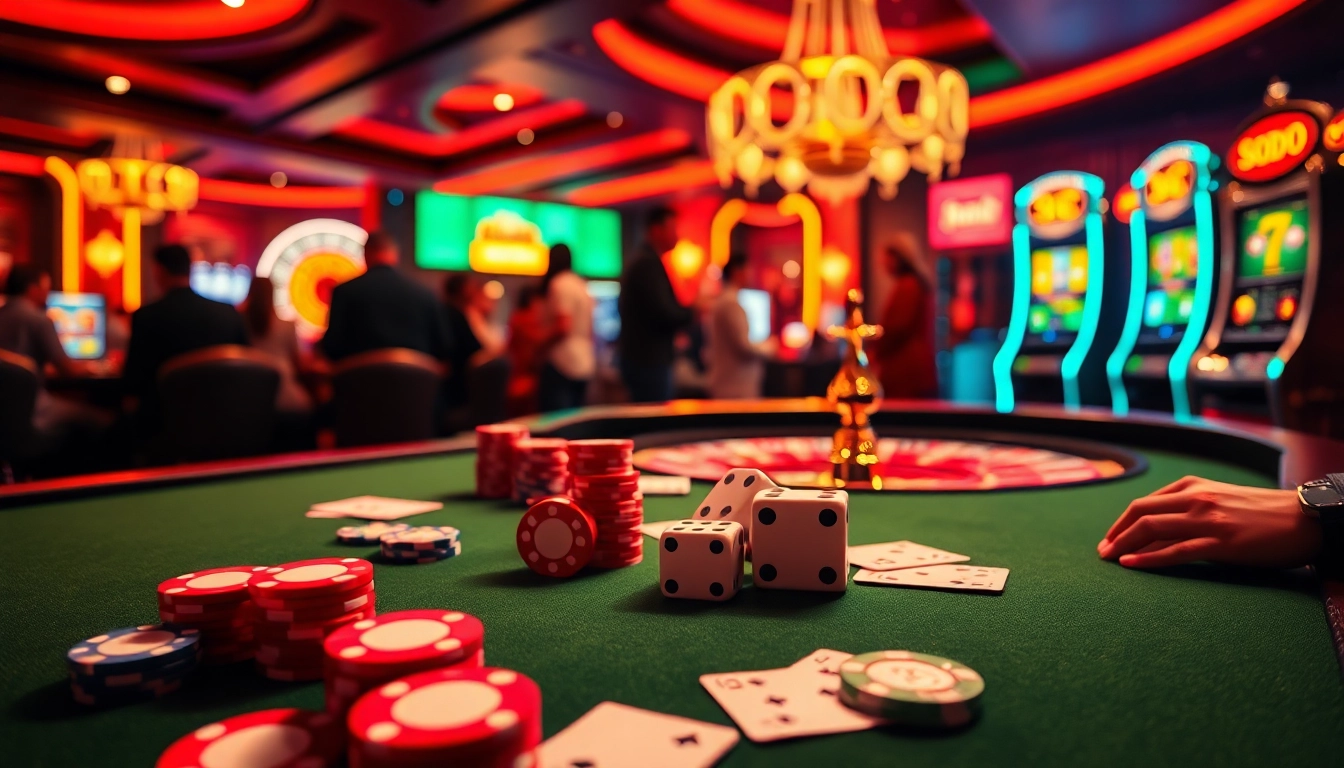 SODO CASINO scene showcasing vibrant poker tables and a roulette wheel, depicting an exciting casino atmosphere.
