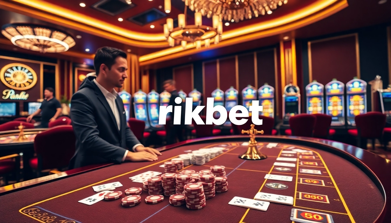 Gamblers placing bets at a luxurious casino table with rikbet branding visible.