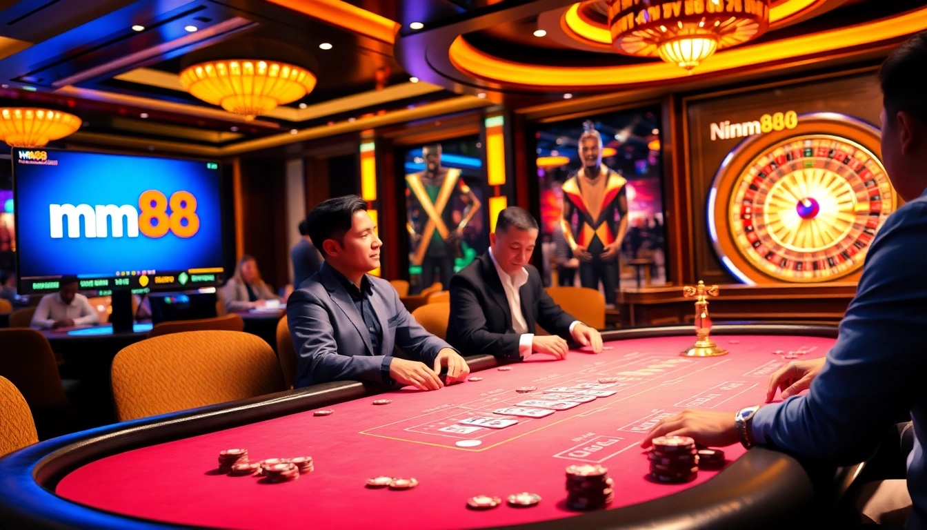 Players engaged at a poker table in a luxurious casino, featuring the brand nhà cái mm88.