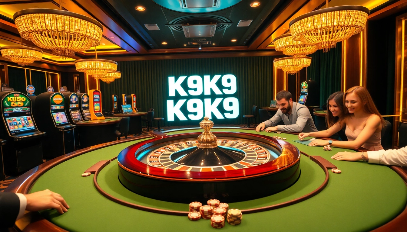K9K9 casino scene with roulette wheel, poker tables, and vibrant slot machines.
